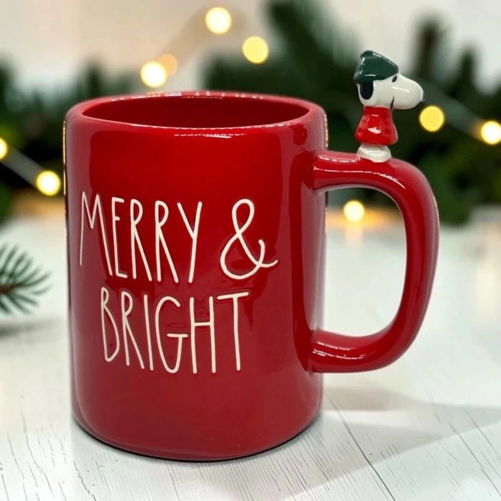 Rae Dunn Peanuts Snoopy Figural Mug Red Merry & Bright Christmas Ceramic NEW